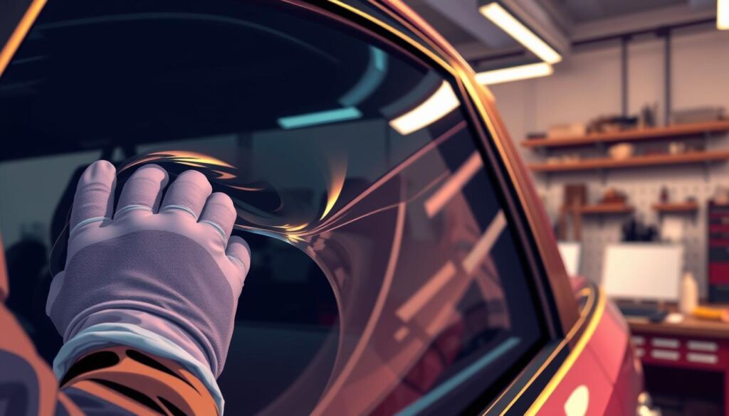 A close-up view of a car window showcasing the intricate process of window tint removal. The scene is set in a well-lit auto repair shop, with tools and materials neatly arranged on a workbench. A skilled technician, wearing protective gloves, carefully peels away the old tinting film, revealing the pristine glass underneath. The warm, diffused lighting creates a sense of focus and attention to detail, emphasizing the delicate nature of the task at hand. The overall atmosphere conveys the expertise and care required to safely and effectively remove window tint, guiding the viewer to appreciate the value of professional assistance for this specialized service.