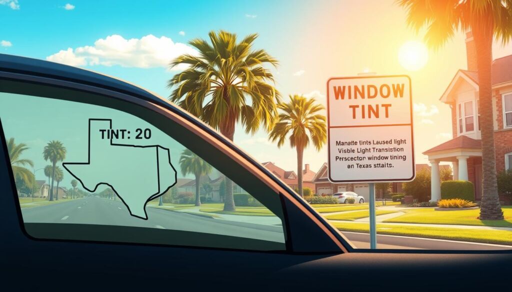 A detailed, realistic rendering of Texas state window tint laws, set against a backdrop of a sunlit suburban street. The foreground features a close-up of a car window, showcasing the precise tint levels and visible light transmission percentages mandated by Texas statutes. The middle ground depicts a road sign outlining the applicable window tint regulations, while the background portrays a typical Texas residential neighborhood, complete with palm trees and red-brick houses. The lighting should be natural and warm, creating a sense of authority and clarity around the legal information presented. The overall composition should convey a sense of informative accuracy, guiding the viewer through the intricacies of window tint compliance in the state of Texas. A detailed, realistic rendering of Texas state window tint laws, set against a backdrop of a sunlit suburban street. The foreground features a close-up of a car window, showcasing the precise tint levels and visible light transmission percentages mandated by Texas statutes. The middle ground depicts a road sign outlining the applicable window tint regulations, while the background portrays a typical Texas residential neighborhood, complete with palm trees and red-brick houses. The lighting should be natural and warm, creating a sense of authority and clarity around the legal information presented. The overall composition should convey a sense of informative accuracy, guiding the viewer through the intricacies of window tint compliance in the state of Texas.