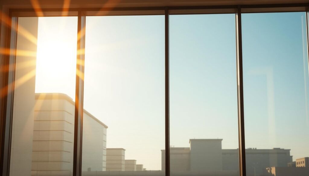 A high-performance window tint, meticulously designed for optimal heat reduction. Crisp glass panels bathed in warm afternoon light, reflecting the sun's glare while maintaining a sleek, minimalist aesthetic. Precise tinting gradients seamlessly blend from top to bottom, strategically filtering infrared and UV rays. Subtle patterns within the film create a mesmerizing depth, elevating the overall visual appeal. Captured through a wide-angle lens, the tinted windows stand out against a backdrop of modern architecture, showcasing the practical and stylish benefits of this advanced heat-blocking solution.