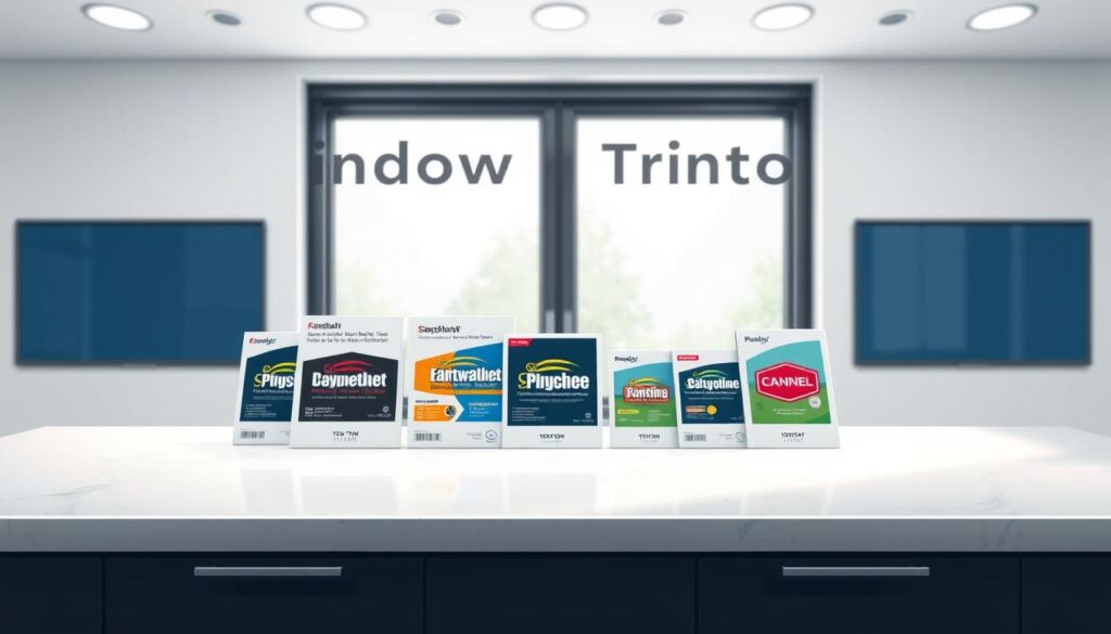 A high-quality, photorealistic image of the top-rated residential window tint brands. The image showcases a well-lit display of various window tint samples, arranged neatly on a sleek, modern countertop. The samples are presented in a way that highlights their distinct colors, textures, and performance features. The lighting is soft and balanced, creating a clean, professional atmosphere. The camera angle captures the display at an eye-level perspective, allowing the viewer to easily examine and compare the different window tint options. The background is blurred, gently fading into a neutral, minimalist setting, putting the focus entirely on the window tint samples and their visual appeal.