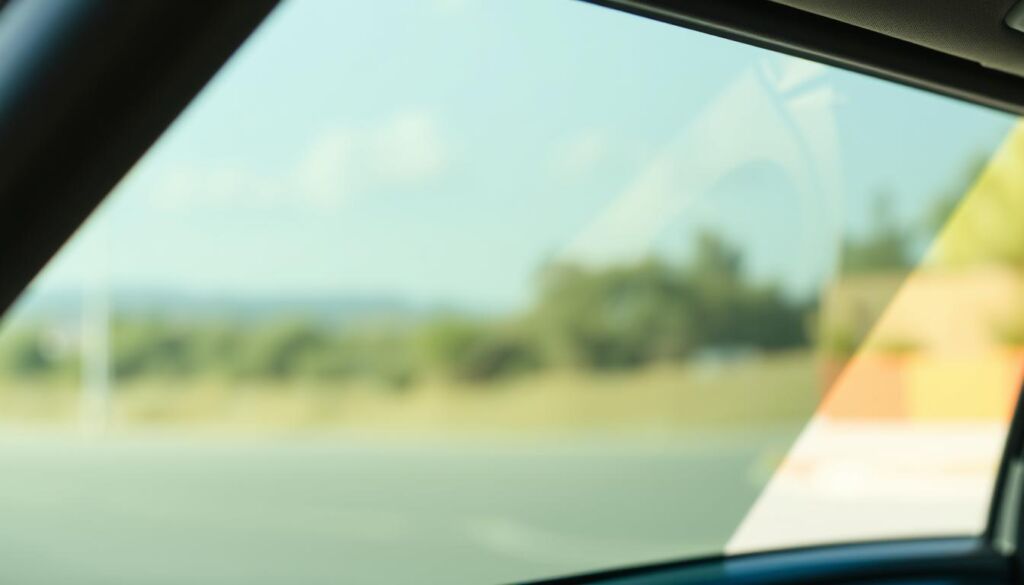 A well-lit, high-resolution photograph of the interior of a vehicle's window with a tinted film applied. The tinted glass should be the primary focus, occupying the center of the frame. In the background, a blurred exterior landscape is visible through the window, showcasing the benefits of reduced glare and UV protection. The tint should appear uniform and seamless, highlighting its aesthetic appeal. The lighting should be natural, with soft shadows and highlights accentuating the depth and texture of the tinted surface. The angle should be slightly angled to provide a detailed, almost three-dimensional view of the tinted glass.