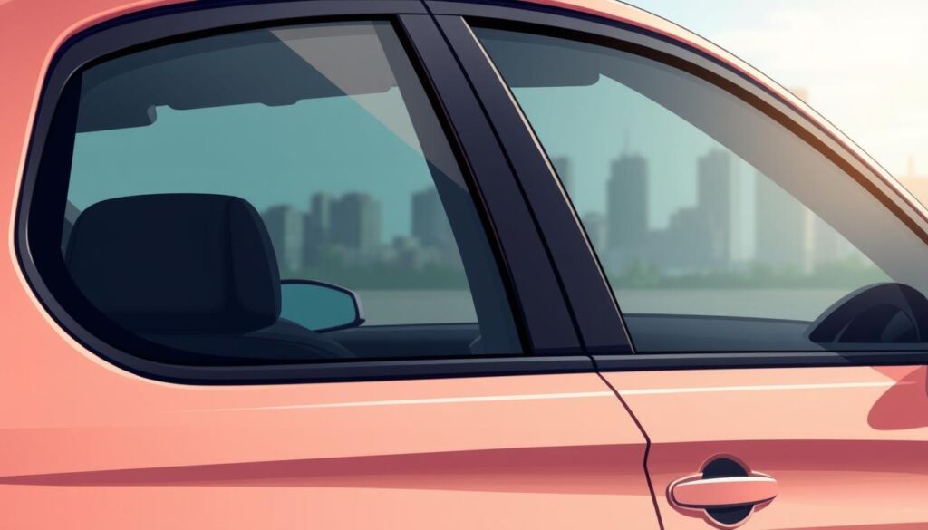 Detailed illustration of tinted windows on a modern sedan. Crisp, realistic rendering in natural daylight with soft shadows. Prominently featured are the tinted rear and side windows, with a blurred background showcasing a cityscape. The car's interior is visible through the tinted glass, hinting at the privacy and UV protection benefits. 