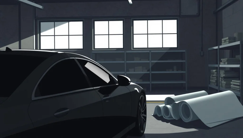 darkest window tint, a sleek and mysterious aesthetic captured in a dimly lit garage setting. In the foreground, a luxury sedan with its windows shrouded in inky blackness, the tint so deep it absorbs all light, creating an air of secrecy and exclusivity. The middle ground showcases the tools of the trade - a selection of high-performance tinting films, their matte finish hinting at their superior light-blocking capabilities. In the background, the concrete walls and metal shelves exude an industrial ambiance, complementing the utilitarian nature of the scene. Soft, directional lighting casts dramatic shadows, emphasizing the depth and texture of the materials. The overall atmosphere conveys a sense of precision, expertise, and the pursuit of the ultimate in window tinting perfection.