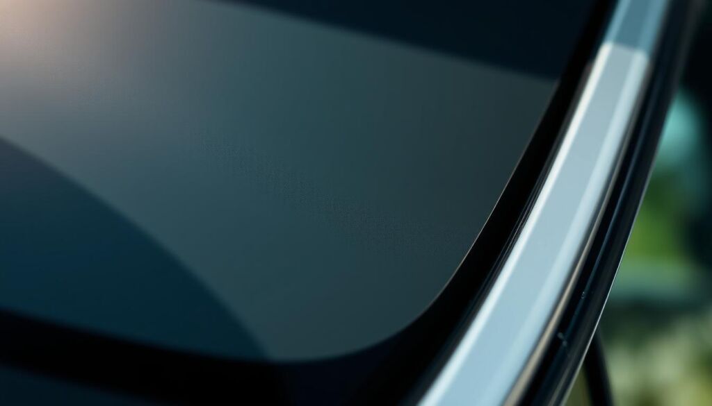 A close-up view of a car window showcasing the intricate layers of window tint film, illuminated by soft, natural lighting. The tint appears dark and uniform, with precise edges and no visible bubbling or peeling. The background is blurred, drawing the viewer's attention to the textural details of the tint itself. The composition emphasizes the importance of proper installation and maintenance for optimal tint performance, conveying a sense of high-quality craftsmanship and attention to detail.