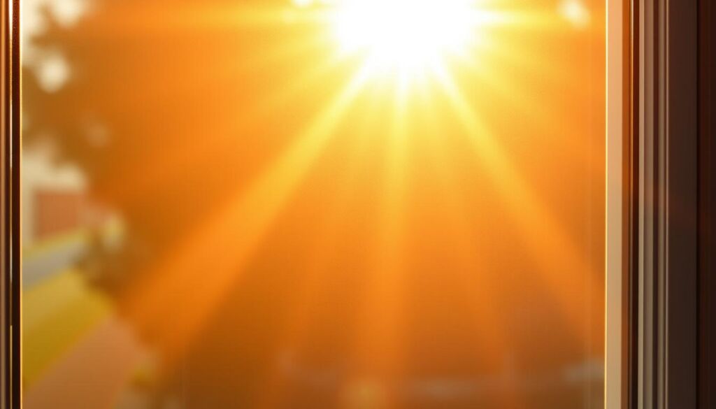 A close-up view of a window with a tinted glass pane, showcasing its heat rejection capabilities. The tint appears as a semi-transparent, slightly reflective coating that covers the glass surface. Sunlight streams through the window, creating a warm, ambient lighting effect. The scene is captured from an angle that highlights the contrast between the tinted and non-tinted areas of the glass, allowing the viewer to appreciate the thermal insulation properties of the tint. The image conveys a sense of clarity and precision, emphasizing the technical aspects of the window tint's performance.