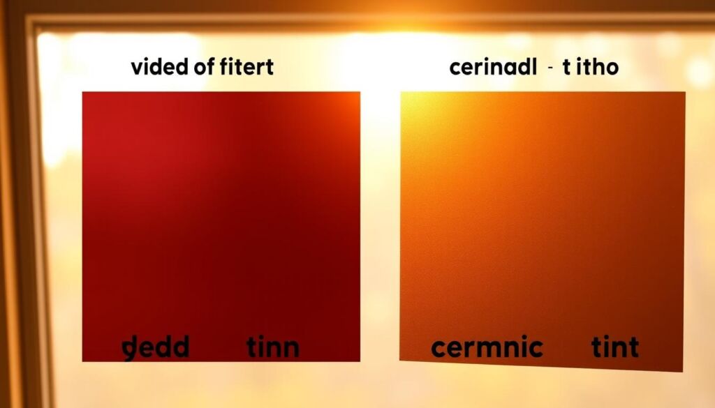 A side-by-side comparison of dyed and ceramic window tint samples, illuminated by warm, natural light. In the foreground, two rectangular window tint swatches, one tinted with a deep, uniform color and the other with a subtle, metallic sheen. The middle ground showcases the tint's translucency, allowing a view of the window frame behind. The background blurs softly, emphasizing the tint's ability to reduce glare and heat. The image conveys the key differences in cost, appearance, and performance between the two tinting technologies, highlighting the factors to consider when choosing the right solution for a specific application.
