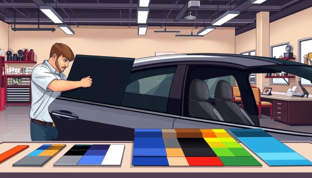 A spacious and well-lit auto shop, showcasing a range of window tinting services. In the foreground, a technician carefully applies a high-quality tint film to the side window of a sleek sedan, using specialized tools and techniques. In the middle ground, various tint samples and color swatches are neatly displayed on a countertop, allowing customers to visualize the different options. The background features shelves stocked with tinting accessories and a large, inviting reception area with comfortable seating. The overall atmosphere conveys a sense of professionalism, expertise, and dedication to providing customers with the best possible window tinting solutions.