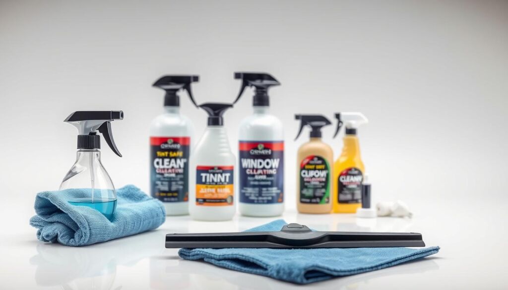 A well-lit, close-up view of a variety of professional-grade window tint cleaning supplies arranged neatly on a clean, minimalist surface. In the foreground, a microfiber cloth, spray bottle, and squeegee are positioned prominently. The middle ground features a selection of tint-safe cleaning solutions and applicators. The background has a neutral, out-of-focus backdrop, allowing the cleaning products to take center stage. The lighting is soft and even, highlighting the textures and details of the items. The overall mood is one of efficiency, organization, and attention to detail, conveying a sense of the proper techniques for maintaining high-quality window tint.