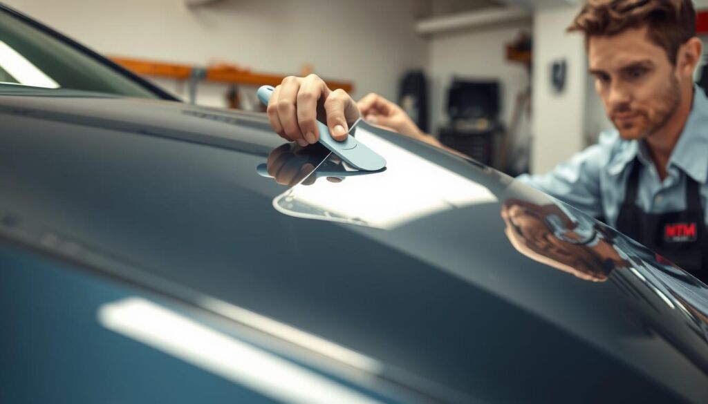 A close-up view of a car hood with paint protection film being carefully removed, highlighting the adhesive residue left behind. In the foreground, focus on a skilled technician wearing professional attire, using a plastic scraper to lift a corner of the film. The middle ground captures the subtle shine of the car's paint while showing the distinct glossy texture of the protective film. The background is softly blurred, suggesting a clean, well-lit garage environment with tools neatly arranged on a workbench. Utilize a natural light source from overhead, creating soft shadows that emphasize the technician's focused expression and the intricate process of adhesive removal. The atmosphere conveys a sense of precision, professionalism, and attention to detail, perfect for troubleshooting common adhesive issues.