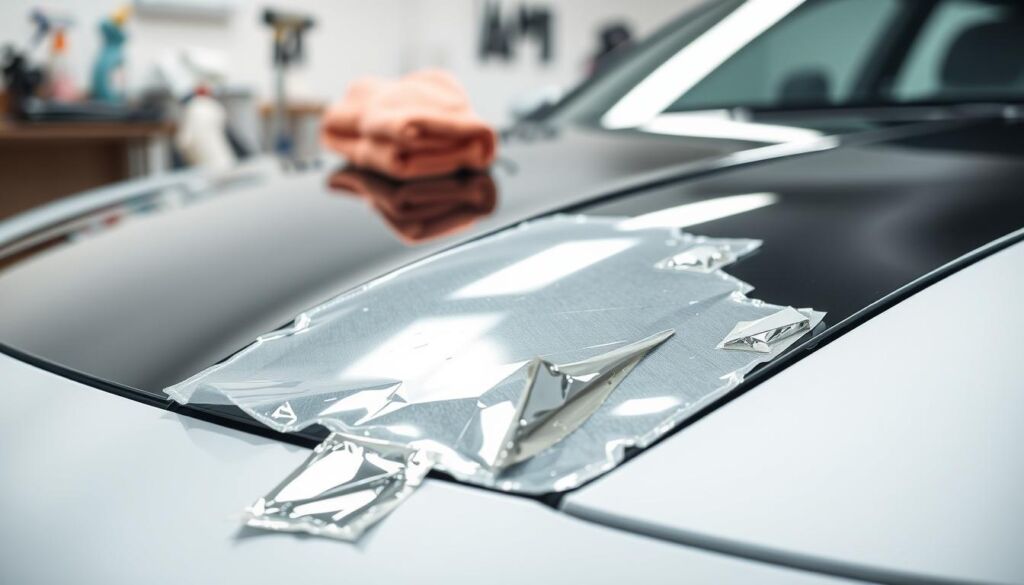 A close-up view of a modern car showcasing the challenges of paint protection film (PPF). In the foreground, highlight areas of the PPF peeling or showing signs of wear, capturing the texture and transparency of the film. In the middle ground, display a partially polished, gleaming section of the car hood contrasting with the damaged PPF, emphasizing the difference. In the background, blurred images of common cleaning tools like soft cloths and pH-neutral car wash bottles indicate the special maintenance required. Use soft, diffused lighting to create a calm yet informative mood, with depths of focus that accentuate the specifics of the paint film’s condition. The camera angle should be slightly tilted to add dynamism while maintaining a professional feel.