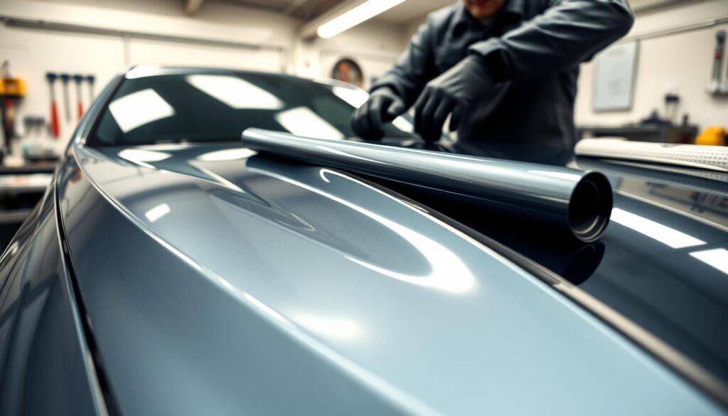 A close-up view of a professional installer applying paint protection film (PPF) to the hood of a sleek, modern car in a well-lit workshop. The foreground features the installer, wearing a fitted uniform and gloves, intently smoothing out the film to eliminate bubbles. In the middle ground, a roll of glossy PPF is partially visible, showcasing its reflective surface. The background includes clean tools and a workbench, enhancing the professional atmosphere. Soft, diffused lighting creates a focused and calm mood, emphasizing attention to detail and craftsmanship. The angle captures the installer’s technique, highlighting their experience in contrast to a blur of DIY materials scattered around the edges.