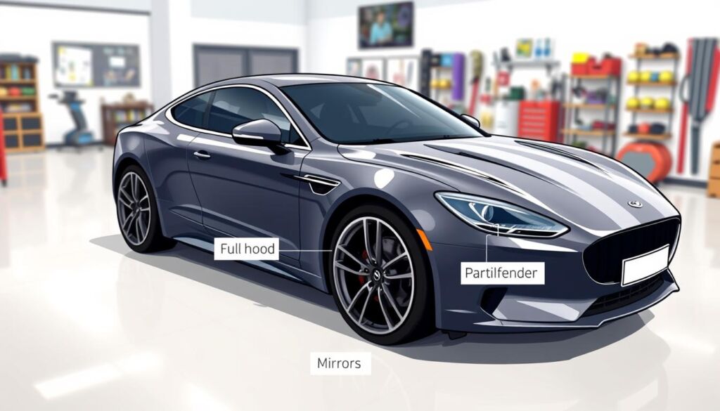 A detailed illustration showcasing various Paint Protection Film coverage options on a sleek, modern car parked in a well-lit, professional showroom environment. In the foreground, highlight different sections of the car’s surface covered by the film—full hood, partial fender, and mirrors—with labels subtly indicated in contrasting colors. The middle layer features a touch of glossy finish that emphasizes the film's transparency and protective qualities. In the background, a blurred assortment of car care products and tools enhances the professionalism of the setting. Soft, natural lighting creates an inviting atmosphere, while the angle captures the car from a low perspective, showcasing both its design and the advantages of paint protection. The overall mood is informative yet appealing, ideal for potential car owners considering their options.