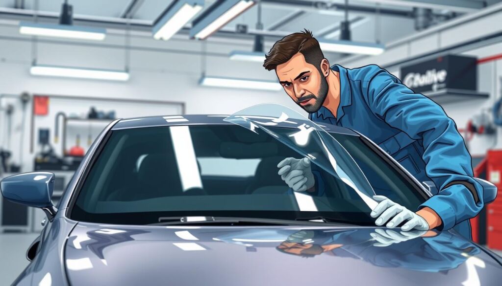 A professional auto technician removes paint protection film from a sleek car in a well-lit garage. In the foreground, the technician, dressed in a clean blue jumpsuit with protective gloves, carefully peels back a corner of the film using specialized tools, revealing the pristine paint underneath. The middle ground showcases the car's shiny surface, half-covered by the transparent protective layer, highlighting the removal process. In the background, soft overhead lights illuminate the clean workspace filled with tools and equipment, creating an atmosphere of precision and professionalism. The composition captures the intricate details of the film and the technician's focused expression, emphasizing the meticulous work involved in PPF removal.