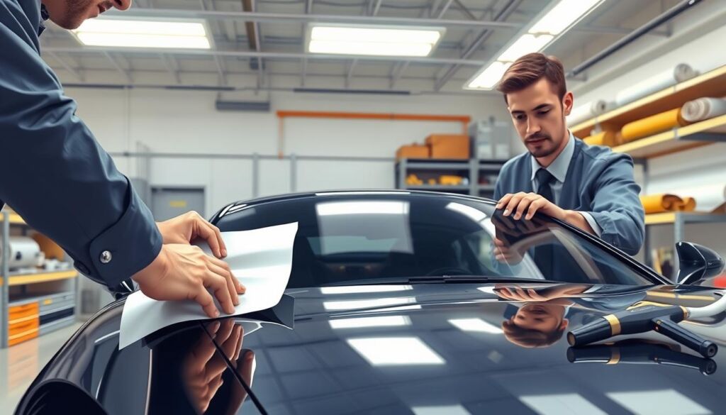 A professional automotive technician in business attire carefully applying paint protection film to a sleek, high-end car in a well-lit, modern workshop. The foreground shows detailed hands meticulously smoothing out the film on the car's surface, emphasizing precision and craftsmanship. In the middle, the car gleams under bright overhead LED lights, showcasing its glossy finish, while tools such as a squeegee and heat gun are neatly arranged nearby. The background features shelves with rolls of various films and tools, conveying an organized work environment. The atmosphere is focused and professional, highlighting the importance of the installation process with a clean, airy feel. The angle captures the technician's focused expression as they work, ensuring a flawless finish without distractions.
