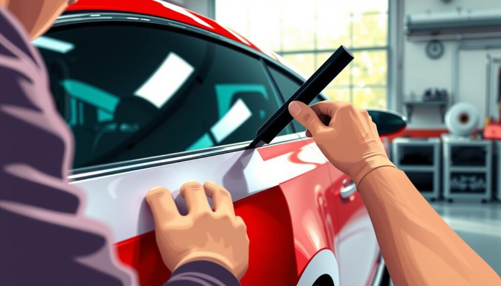 A professional car technician carefully applying paint protection film (PPF) to the exterior of a sleek, modern car, showcasing the detailed installation process. In the foreground, focus on the technician's skilled hands smoothing out the film, using a squeegee to eliminate air bubbles. The middle ground features the vibrant, shiny car, highlighting its contours and reflective surface. In the background, a well-lit garage environment with clean tools, rolls of PPF, and natural light filtering through a large window, creating a bright and inviting atmosphere. The mood is focused and meticulous, capturing the professionalism and care involved in PPF installation.