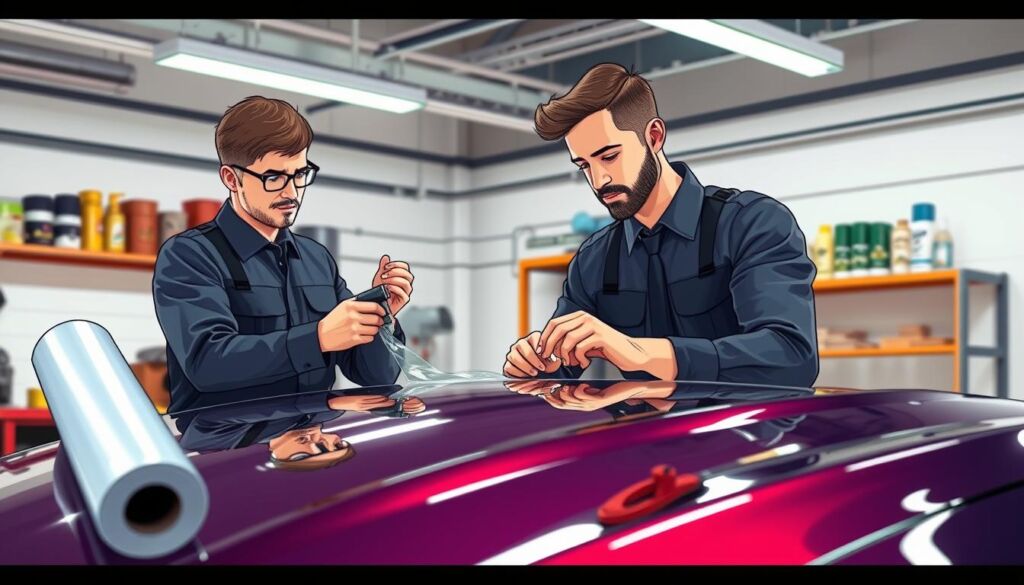 A skilled professional in a smart uniform meticulously applying paint protection film to the hood of a sleek, modern car in a bright, well-lit garage. The technician is focused and precise, using specialized tools to ensure a seamless installation. In the foreground, a roll of high-quality paint protection film can be seen beside the technician, showcasing its clarity and gloss. The middle layer features the polished car with reflections of the garage lights, emphasizing the film's transparency. The background shows shelves stocked with various car care products, and the atmosphere is clean and professional, conveying a sense of expertise and attention to detail. The lighting is bright and even, highlighting the technician's concentration and the quality of the work.