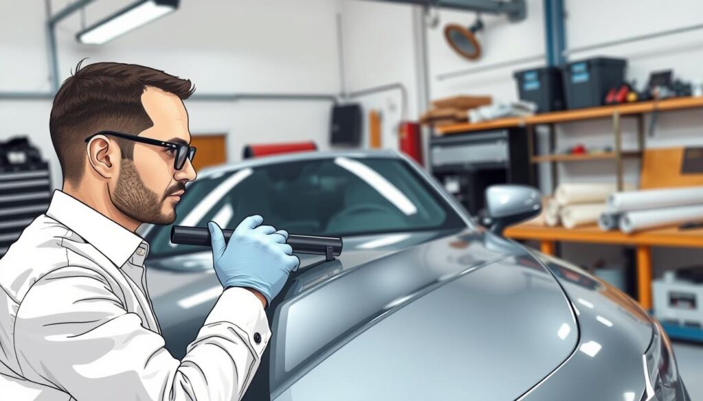 A skilled technician is focused on applying a high-quality paint protection film to the hood of a luxury car in a well-lit automotive detailing shop. In the foreground, the technician, dressed in professional attire including gloves and a clean, fitted shirt, is using a squeegee to smooth out the film, ensuring precision and attention to detail. The middle ground features the sleek, polished car with its glossy paint reflecting the workshop's overhead lights. In the background, various tools and rolls of paint protection film are neatly organized on a workbench, showcasing a professional workspace. The atmosphere is one of concentration and expertise, emphasizing the meticulous nature of PPF installation. Soft, diffused lighting enhances the clarity of the scene without harsh shadows, capturing the high standards expected from a qualified installer.