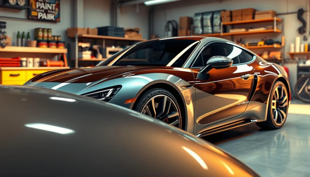 A sleek, modern car adorned with various layers of paint protection film, showcasing the evolution of this technology. In the foreground, highlight the glossy finish of the latest film, glimmering under soft, diffused lighting. In the middle, depict transitioning layers of different films, from older, duller options to advanced, high-gloss variants, illustrating the progression in materials and design. The background features a workshop setting with shelves lined with paint protection products and tools, casting a warm, innovative atmosphere. Use a wide-angle lens to capture the car and the context, emphasizing a dynamic yet professional mood, evoking a sense of advancement and care in automotive protection. Ensure the scene remains cohesive and focused on the film's evolution without distractions. A sleek, modern car adorned with various layers of paint protection film, showcasing the evolution of this technology. In the foreground, highlight the glossy finish of the latest film, glimmering under soft, diffused lighting. In the middle, depict transitioning layers of different films, from older, duller options to advanced, high-gloss variants, illustrating the progression in materials and design. The background features a workshop setting with shelves lined with paint protection products and tools, casting a warm, innovative atmosphere. Use a wide-angle lens to capture the car and the context, emphasizing a dynamic yet professional mood, evoking a sense of advancement and care in automotive protection. Ensure the scene remains cohesive and focused on the film's evolution without distractions.