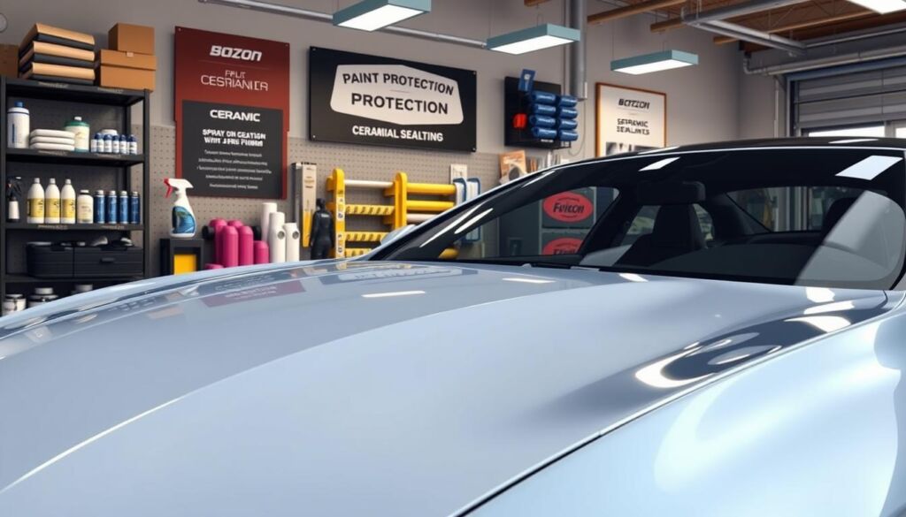 A sleek, modern car parked in a well-lit automotive shop, showcasing various paint protection options on display. The foreground features a focus on a glossy, freshly painted car hood, reflecting the bright showroom lights, highlighting its pristine surface. In the middle ground, organized displays demonstrate different protection products like spray-on coatings, ceramic sealants, and rolls of paint protection film, all contributing to a professional atmosphere. The background features shelves stacked with cleaning supplies and tools, enhancing the automotive shop feel. The lighting is bright and inviting, capturing the shine and innovation of automotive finishes. The mood conveys professionalism and excitement for new automotive care technologies.