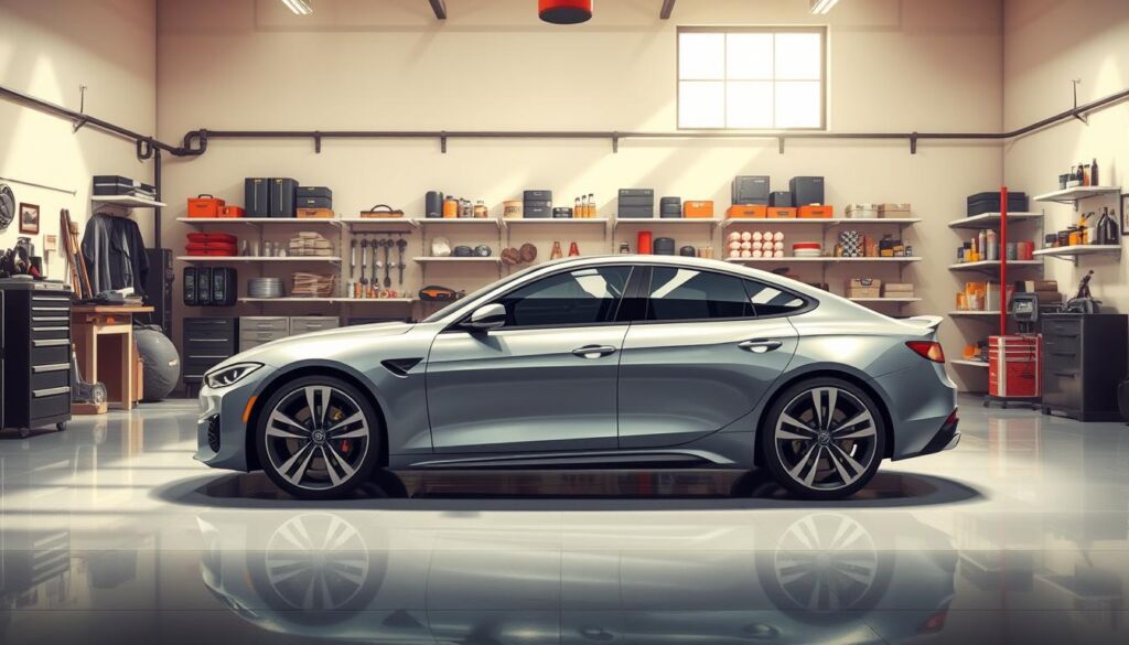 A sleek, modern car positioned prominently in the foreground, showcasing its glossy finish enhanced by a ceramic coating, exhibiting a high-resolution, reflective surface. Surrounding the car, a subtle display of paint protection film layers draped elegantly, demonstrating their flexibility and clarity. In the middle ground, a well-organized auto detailing station filled with professional-grade tools, reflecting a meticulous atmosphere of car care. The background features a softly lit garage with polished floors and wall-mounted shelves filled with car maintenance products. Natural light streams in from a high window, casting gentle highlights and shadows, creating a warm and inviting ambiance. The mood is one of meticulous care and professionalism, emphasizing the importance of vehicle protection.