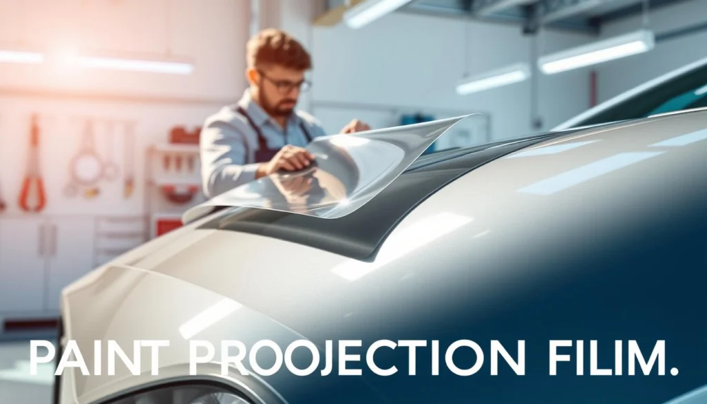 A sleek, modern car with a glossy finish is showcased prominently in the foreground, demonstrating the application of Paint Protection Film on its body. The film is partially unwrapped, revealing its clear, shiny surface, reflecting sunlight in a way that highlights its protective quality. In the middle ground, a hands-on technician in professional attire carefully applies the film, showcasing precision and expertise. The background features a clean, bright workshop setting with polished tools and a soft-focus aesthetic, suggesting a professional environment. The lighting is bright and natural, creating a sense of clarity and assurance about the product's benefits. The overall mood is professional and informative, focusing on the innovation and protective qualities of Paint Protection Film. A sleek, modern car with a glossy finish is showcased prominently in the foreground, demonstrating the application of Paint Protection Film on its body. The film is partially unwrapped, revealing its clear, shiny surface, reflecting sunlight in a way that highlights its protective quality. In the middle ground, a hands-on technician in professional attire carefully applies the film, showcasing precision and expertise. The background features a clean, bright workshop setting with polished tools and a soft-focus aesthetic, suggesting a professional environment. The lighting is bright and natural, creating a sense of clarity and assurance about the product's benefits. The overall mood is professional and informative, focusing on the innovation and protective qualities of Paint Protection Film.
