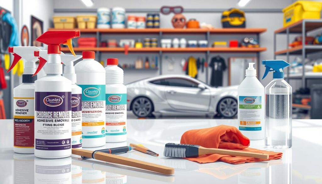 A well-arranged workspace showcasing various chemical solutions for adhesive removal. In the foreground, prominently display labeled bottles of adhesive remover with different formulations, including spray cans and liquid solutions. An assortment of applicators like brushes and cloths lies nearby. The middle ground features a clean, reflective surface, perhaps a workbench or a tabletop, with a small car partially covered in paint protection film, highlighting the removal process. In the background, softly blurred, add shelves stocked with safety equipment like gloves and goggles. The scene is illuminated with bright, even lighting to enhance clarity, with a slight overhead angle that conveys an organized, professional atmosphere, emphasizing safety and efficacy in adhesive removal techniques.